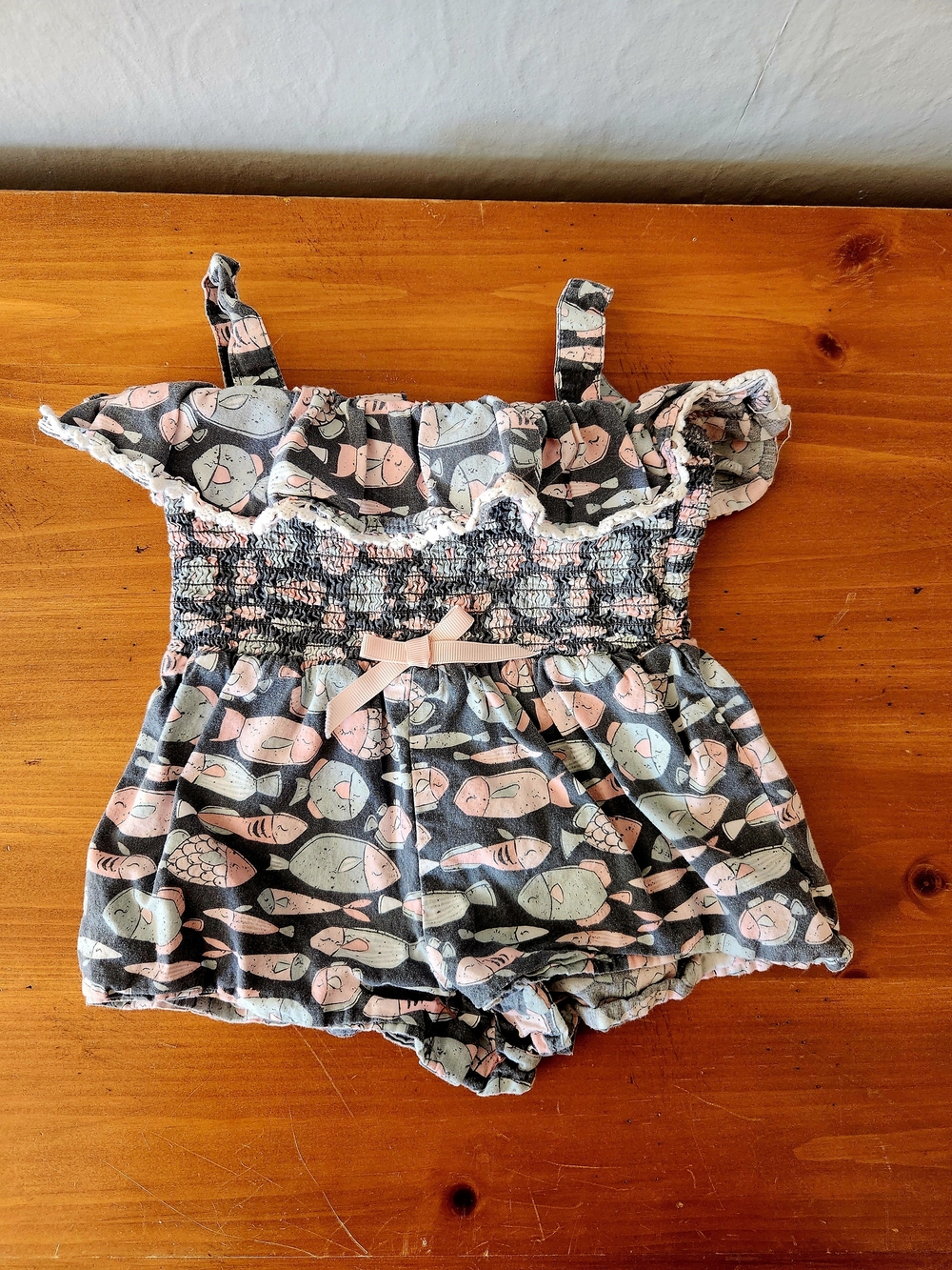 Maggie & Zoe Pink and Gray Fish Smocked One-Piece